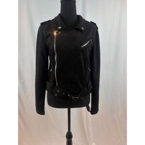 Stoosh Black Faux Suede Moto Biker Jacket Belted Asymmetrical Zip‎ KJR1340 NEW